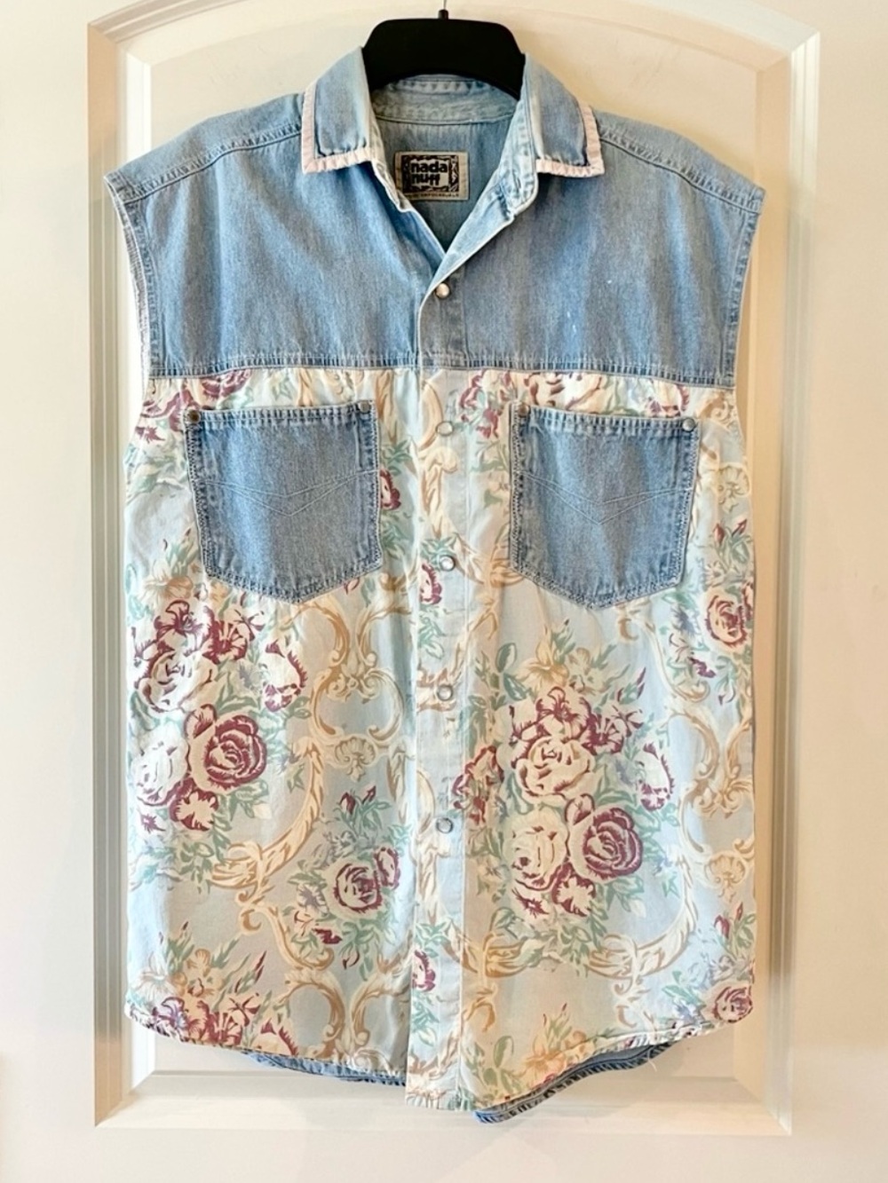 Vintage 90s Nada Nuff Floral Denim Vest Pearl Snap Cottagecore Sleeveless Top